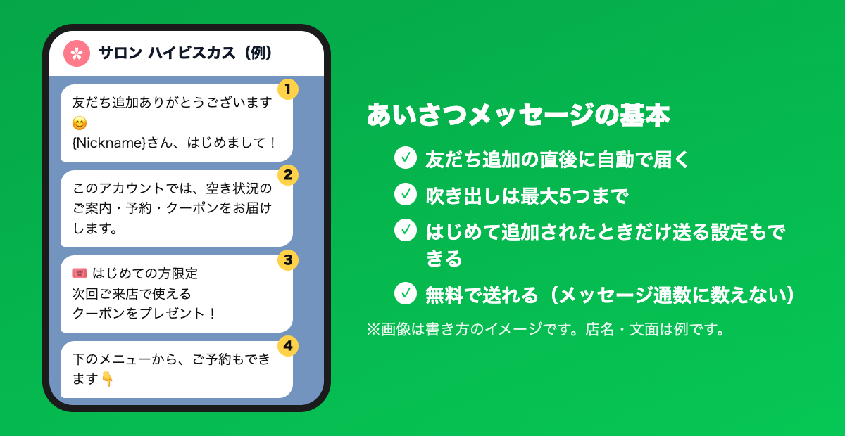 あいさつメッセージの表示イメージ。友だち追加の直後に、吹き出しが順番に届く