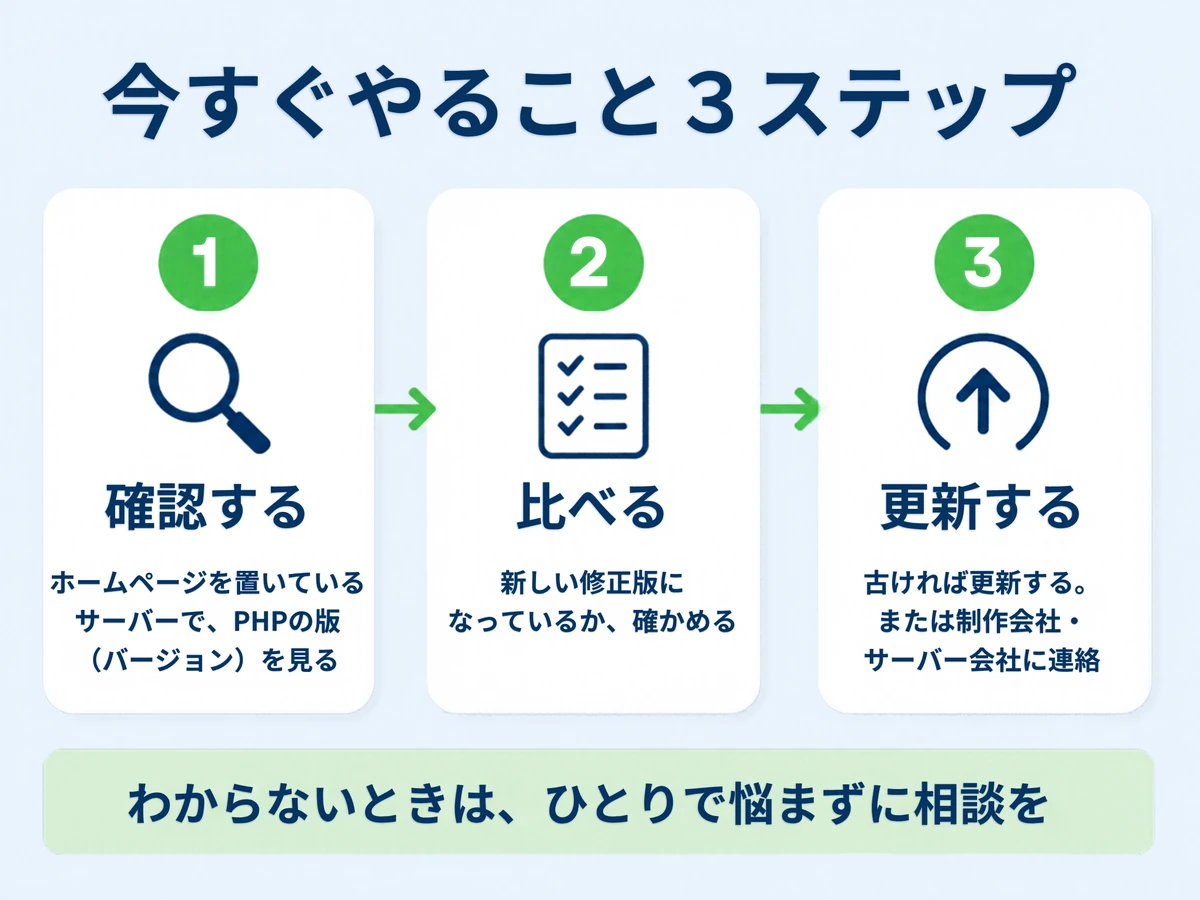 今すぐやること3ステップ。1 確認する、2 比べる、3 更新する