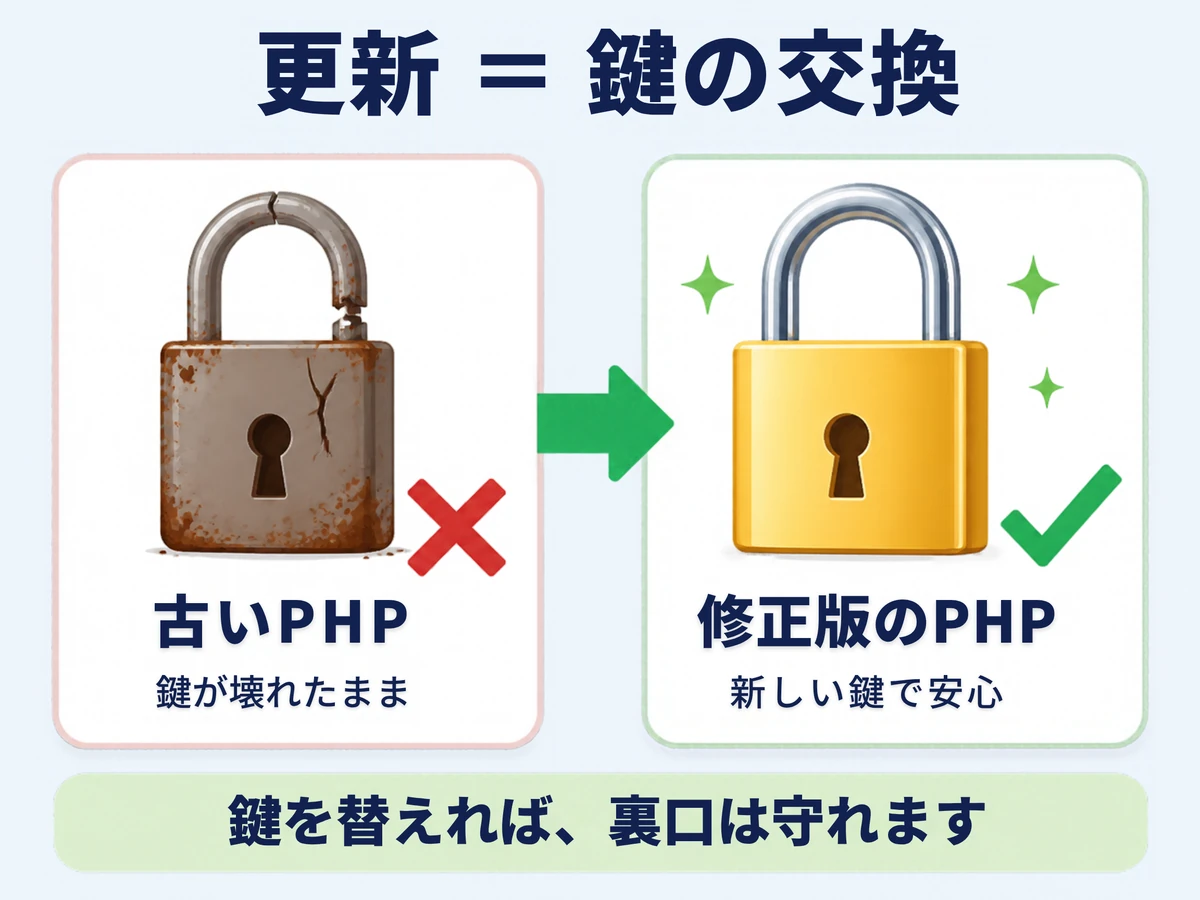 古いPHPは鍵が壊れたまま。修正版のPHPに更新すると、新しい鍵に交換されて安心になることを示したイラスト